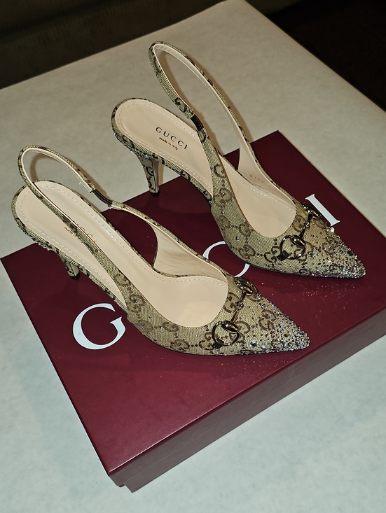 Gucci Shoes - Gucci Beige GG Canvas Slingback Pointed Toe Crystal Heels